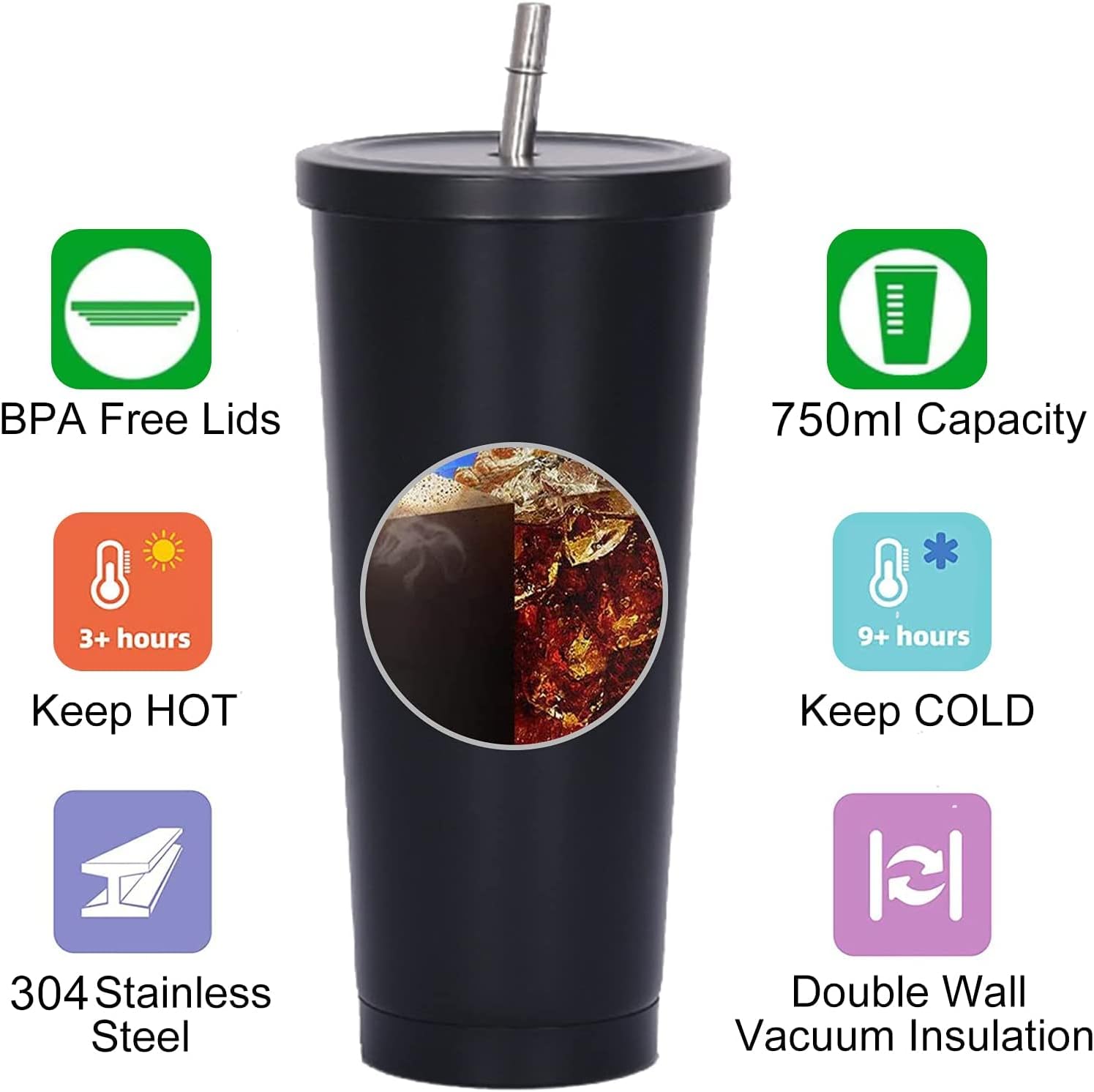 Coffee Tea For Me - 750ml 이중벽 보온 텀블러, 빨대 포함,